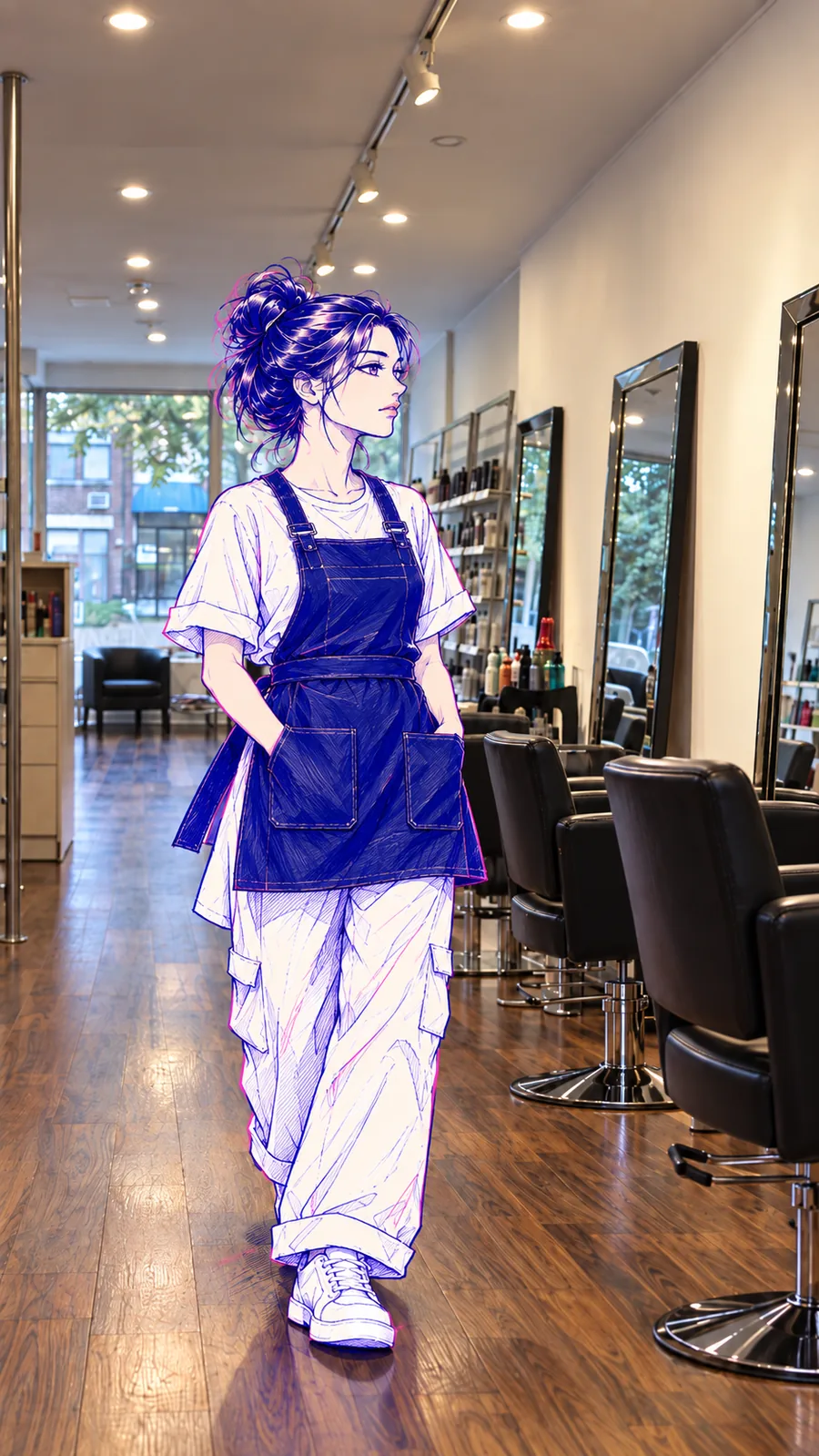 Illustrated Salon Assistant walking confidently through the real Baltica Salon interior.